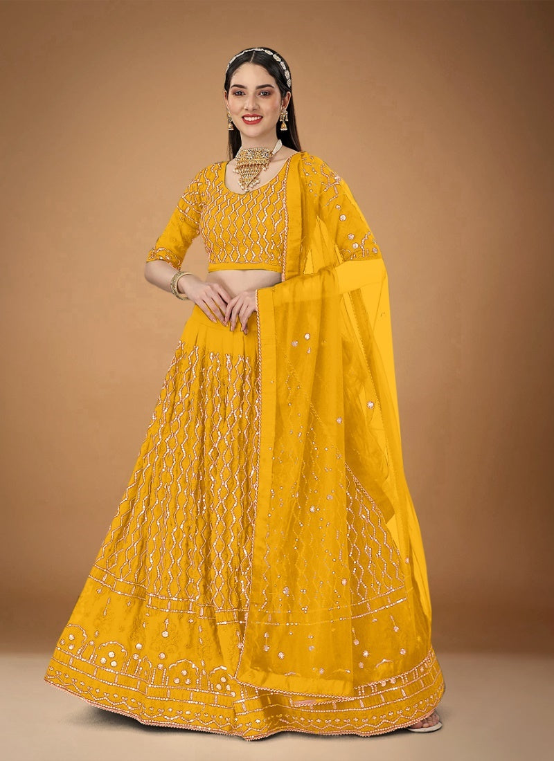 Yellow Georgette Party Wear Lehenga Choli With Sequins and Zari Work