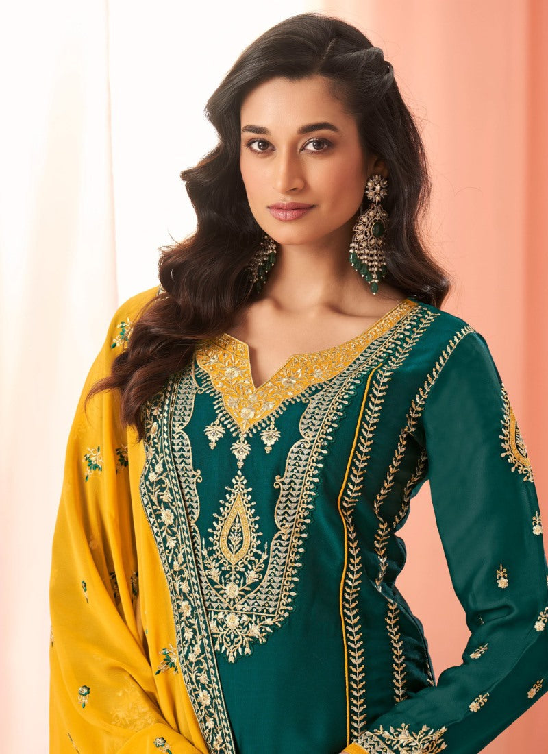 Green Silk Straight Cut Palazzo Salwar Suit