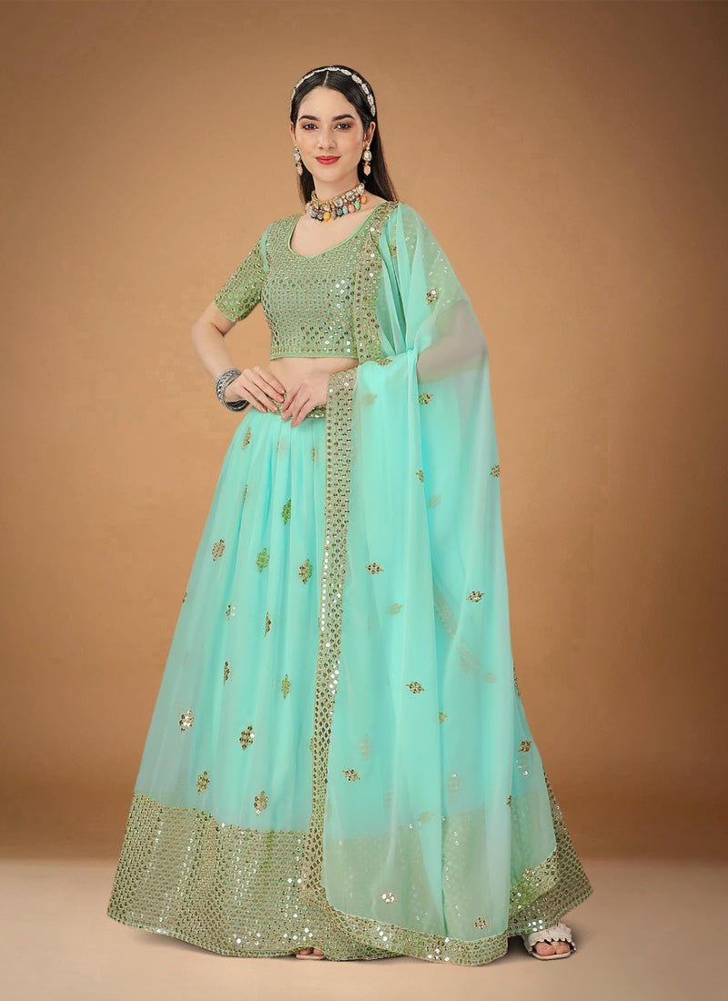 Aqua Blue Georgette Embroidered Lehenga Choli with Sequins and Zari Work