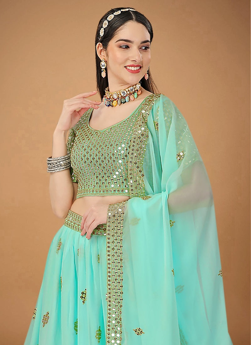 Aqua Blue Georgette Embroidered Lehenga Choli with Sequins and Zari Work-2