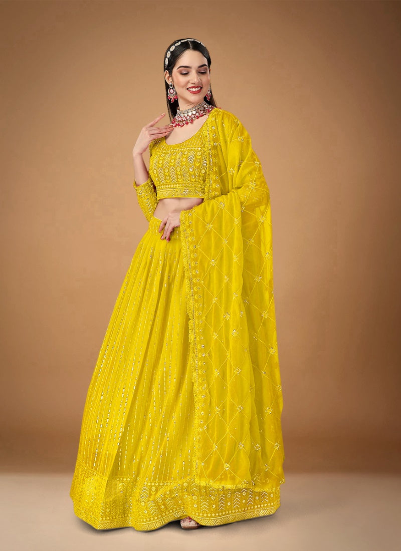 Yellow Georgette Embroidered Lehenga Choli with Sequins and Zari Work-2