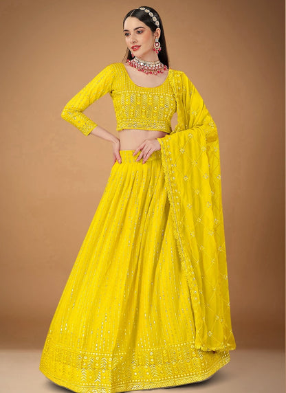 Yellow Georgette Embroidered Lehenga Choli with Sequins and Zari Work