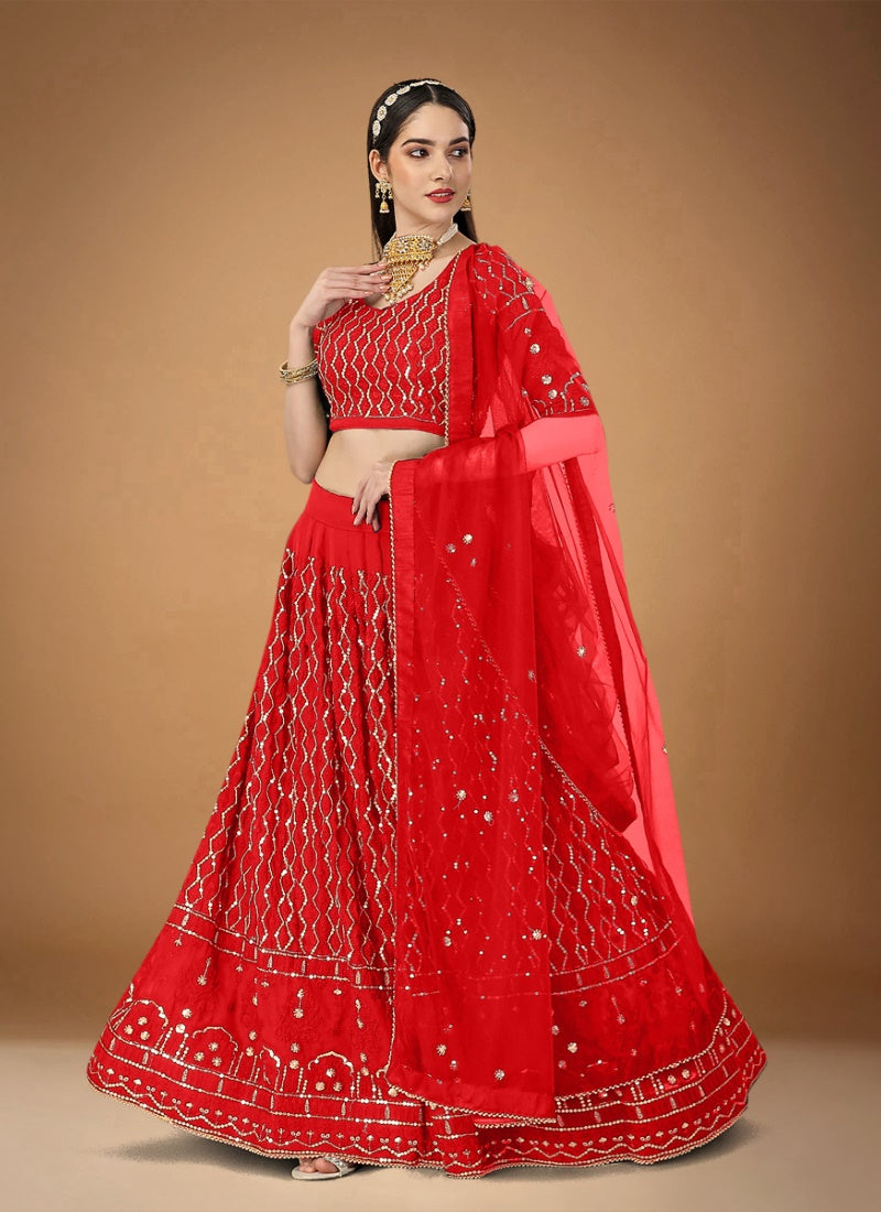 Red Georgette Embroidered Lehenga Choli with Sequins and Zari Work