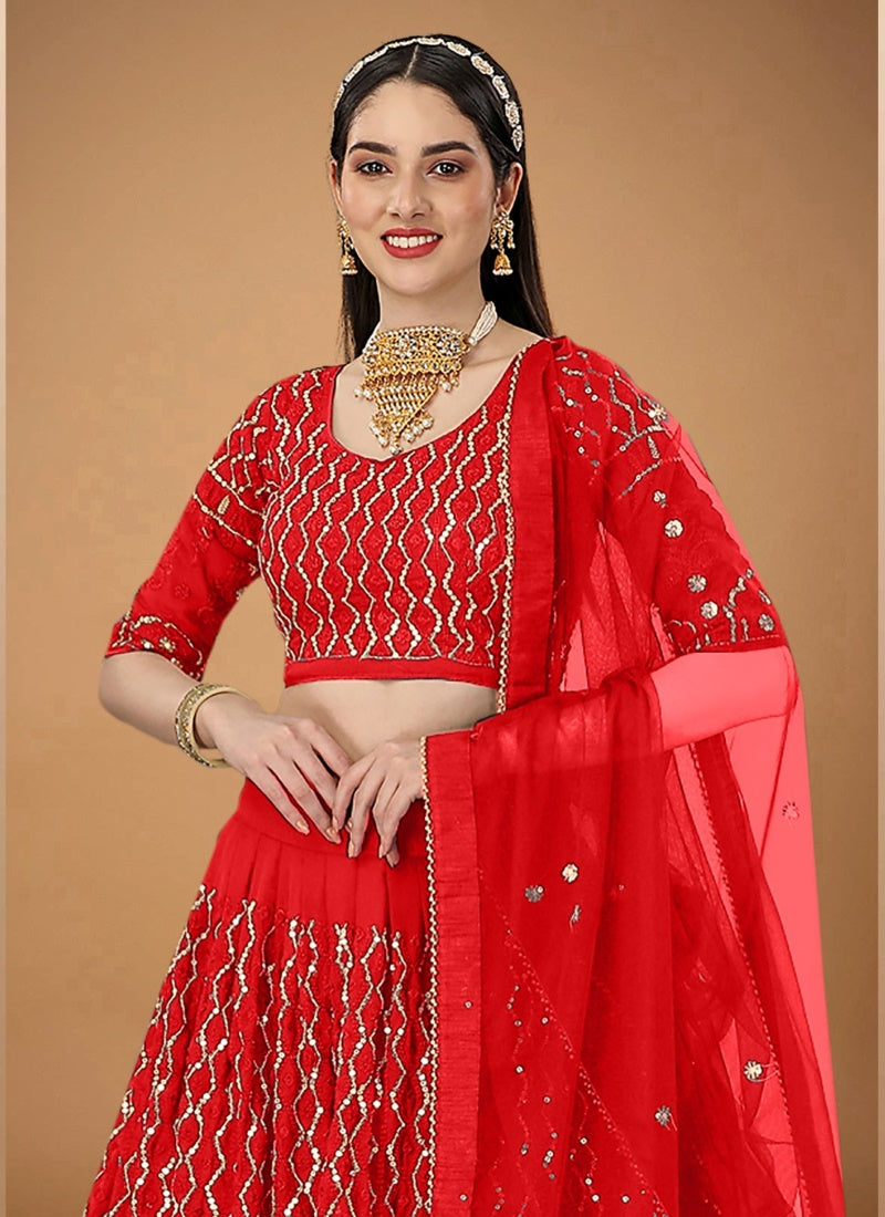 Red Georgette Embroidered Lehenga Choli with Sequins and Zari Work-2