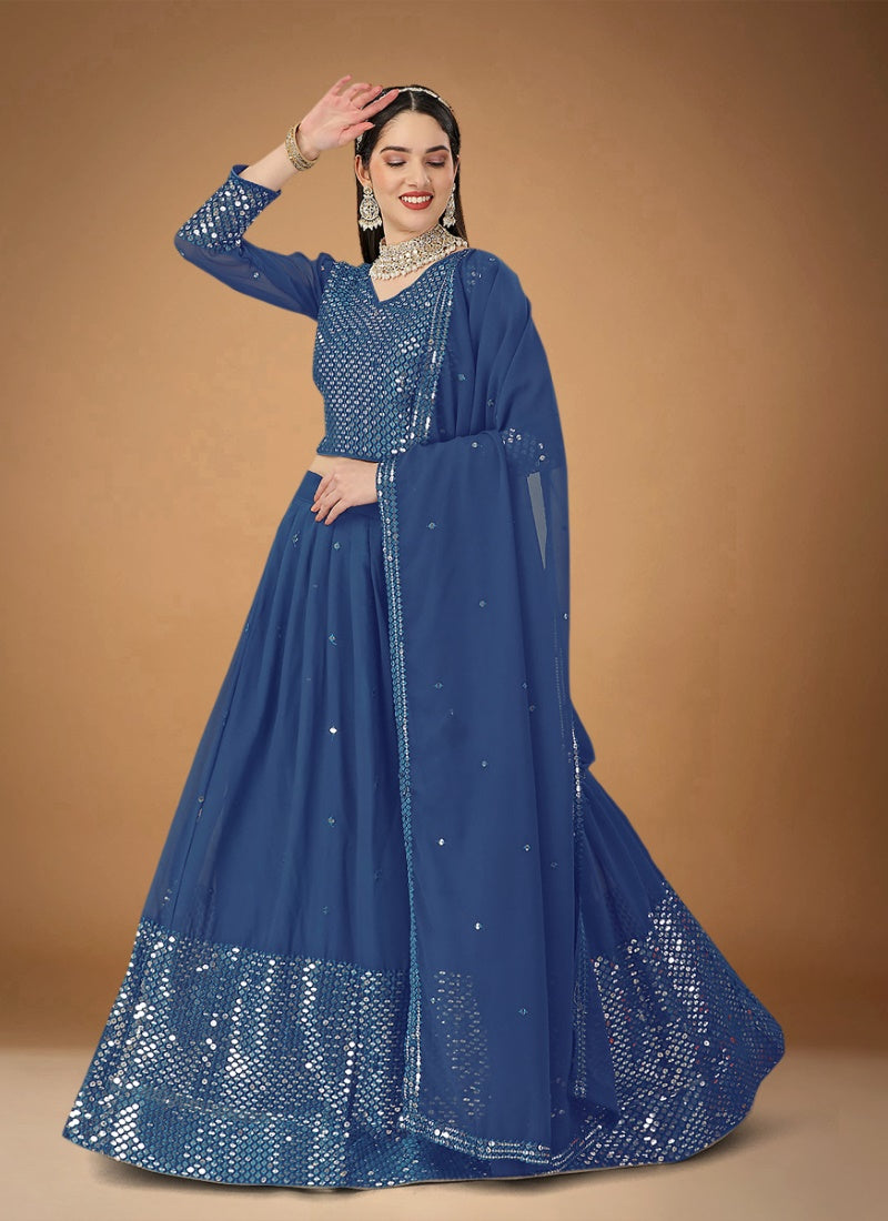 Blue Georgette Embroidered Lehenga Choli with Sequins and Zari Work-2