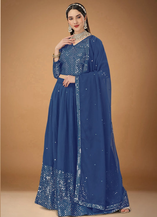 Blue Georgette Embroidered Lehenga Choli with Sequins and Zari Work