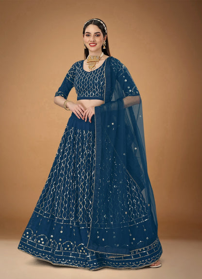 Blue Georgette Embroidered Lehenga Choli with Sequins and Zari Work