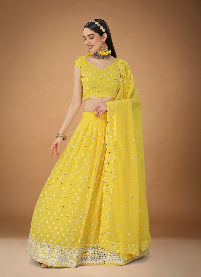 Yellow Georgette Embroidered Lehenga Choli with Sequins and Zari Work-2