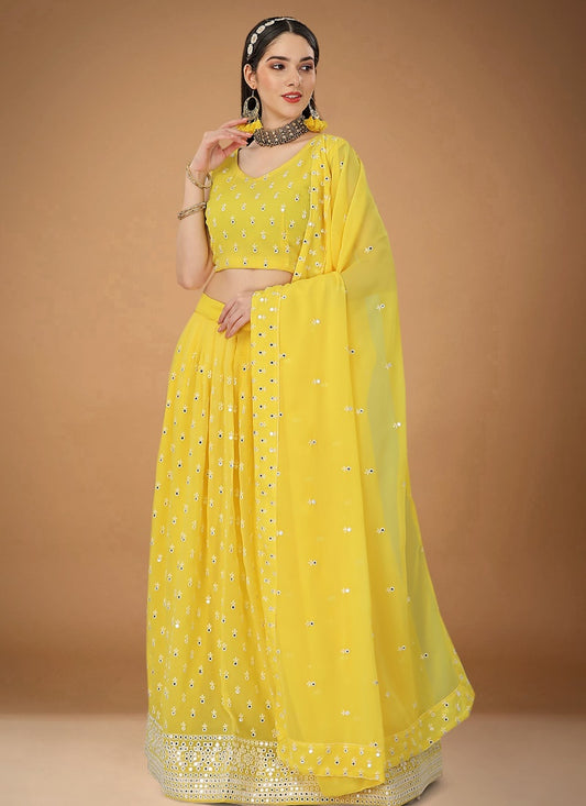 Yellow Georgette Embroidered Lehenga Choli with Sequins and Zari Work