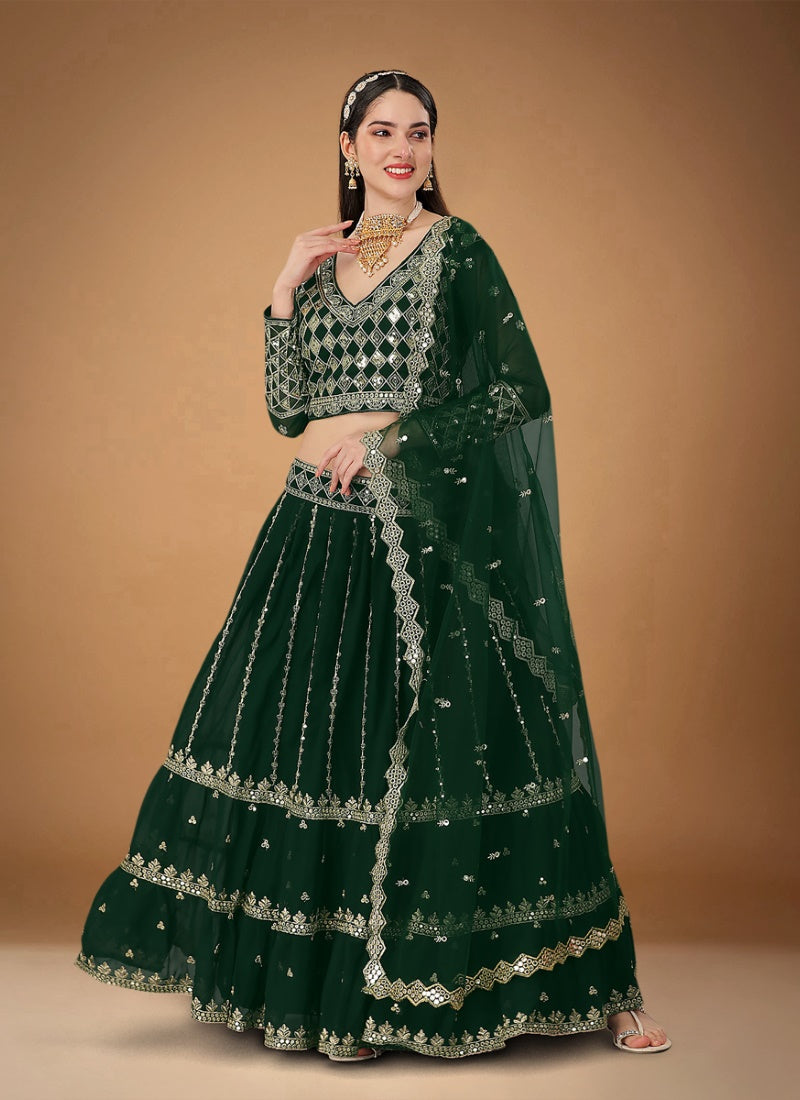 Green Georgette Embroidered Lehenga Choli with Sequins and Zari Work