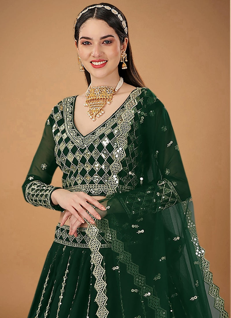 Green Georgette Embroidered Lehenga Choli with Sequins and Zari Work-2