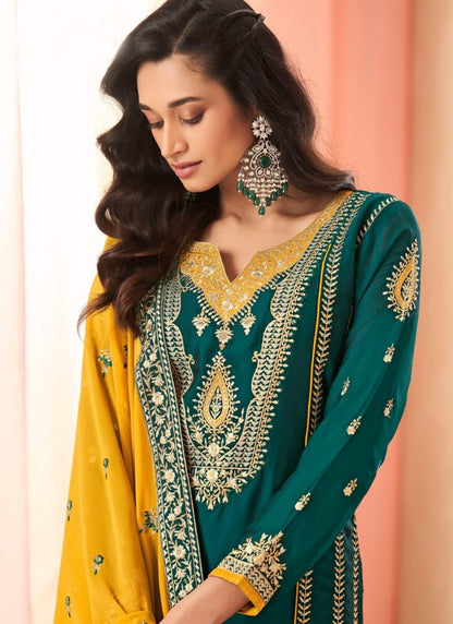 Green Silk Straight Cut Palazzo Salwar Suit