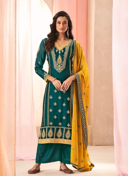 Green Silk Straight Cut Palazzo Salwar Suit