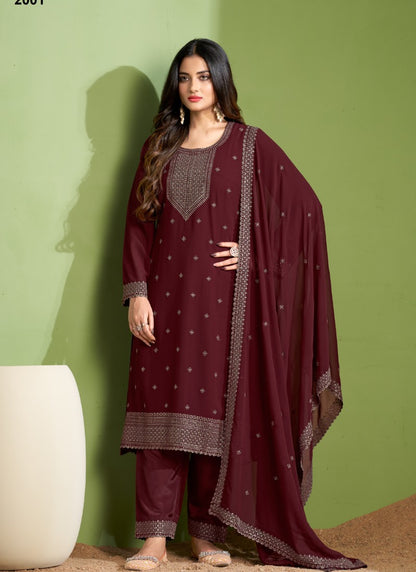 Wine Georgette Pant Style Salwar Suit With Embroidery Work