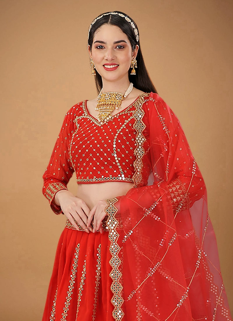 Red Georgette Embroidered Lehenga Choli with Sequins and Zari Work-2