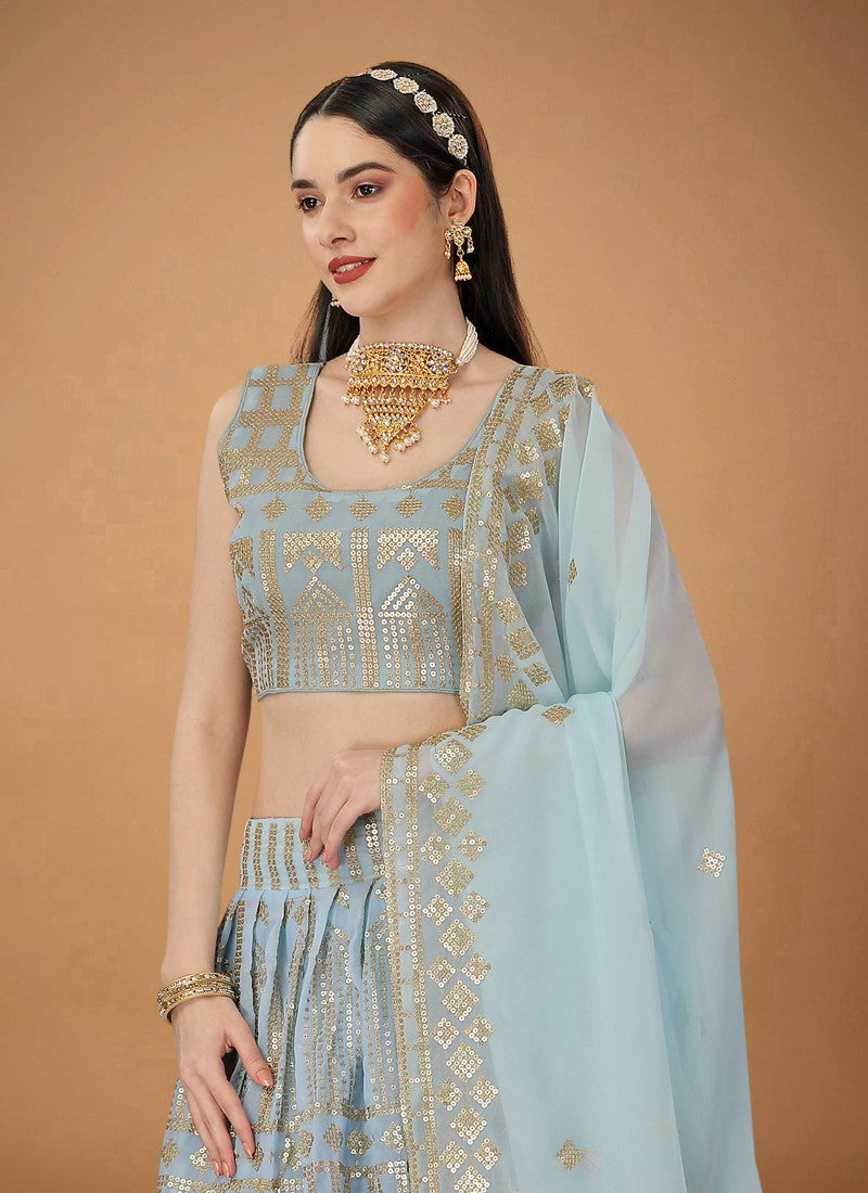 Blue Georgette Bridal Lehenga Choli With Heavy Embroidery, Sequins and Zari Work-2