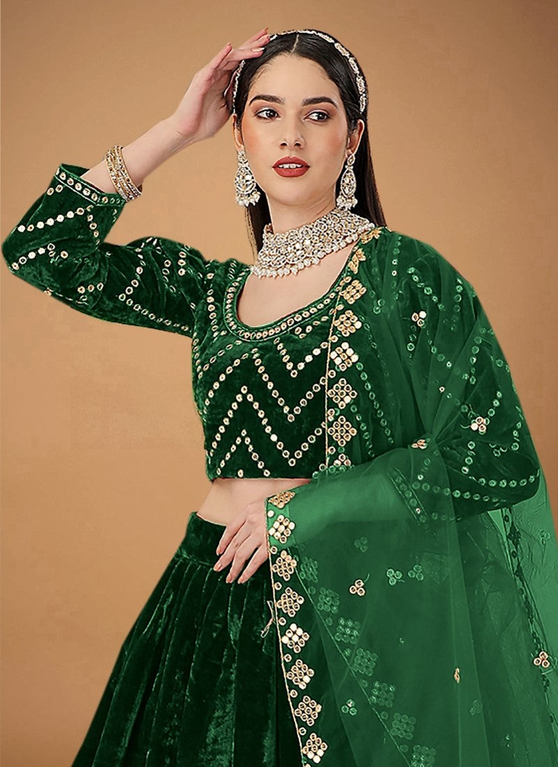 Green Velvet Bridal Lehenga Choli With Heavy Embroidery, Sequins and Zari Work-2