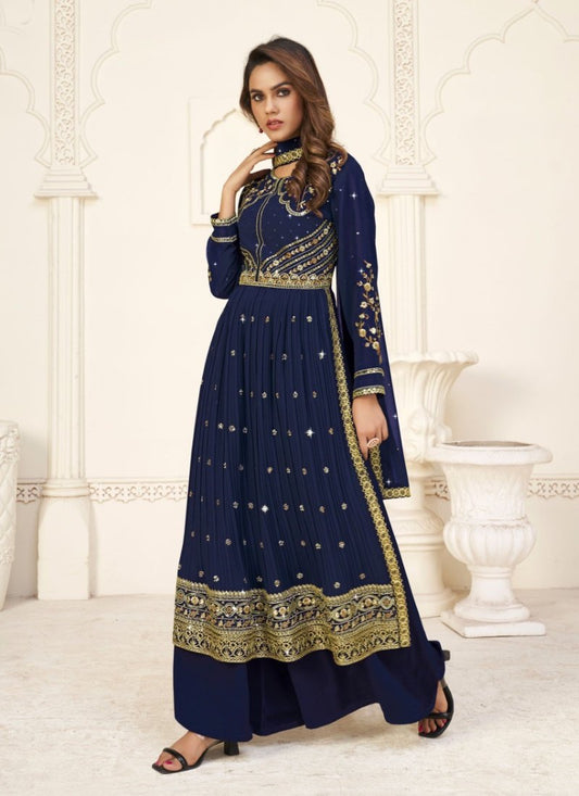 Blue Georgette Palazzo Suit With Embroidery Work