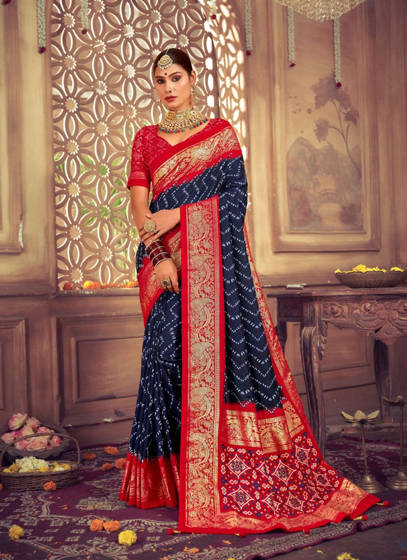 Navy Blue Dola Silk Printed Saree