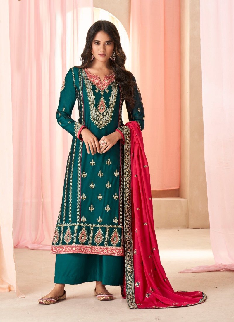 Teal Blue Silk Straight Cut Palazzo Salwar Suit