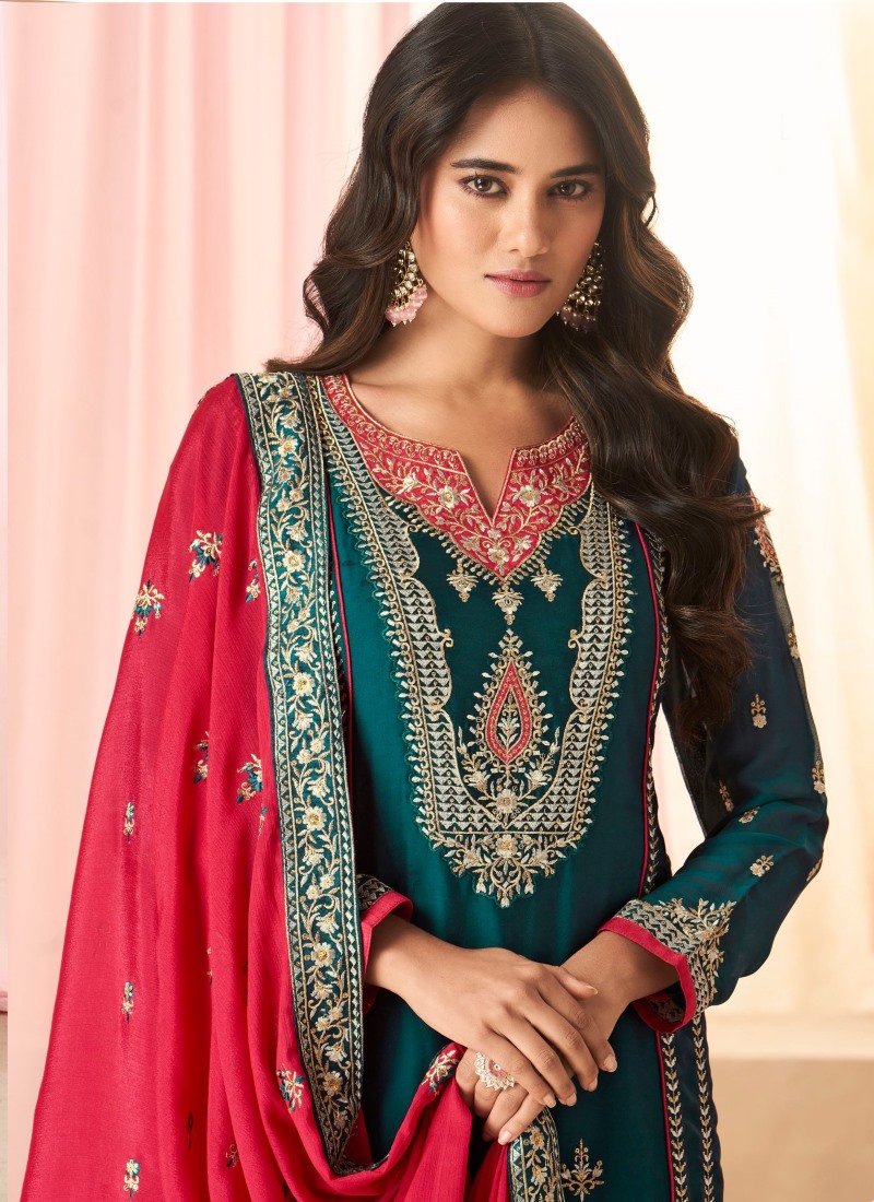 Teal Blue Silk Straight Cut Palazzo Salwar Suit