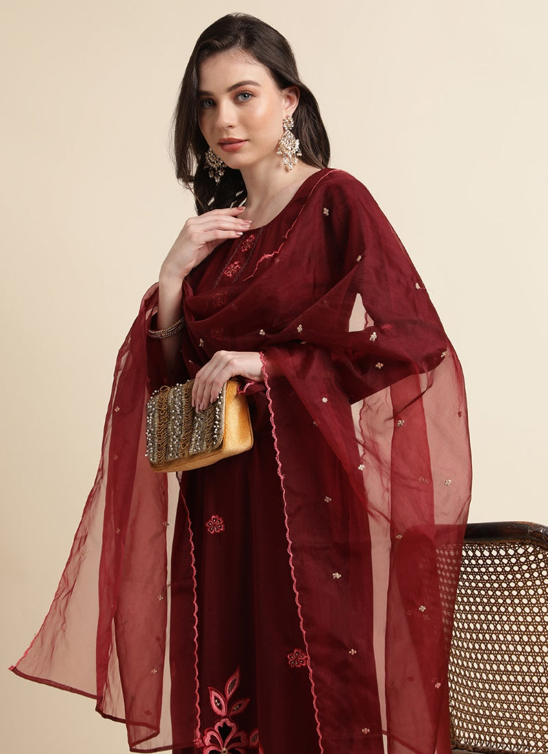 Maroon Silk Pant Style Salwar Suit-2