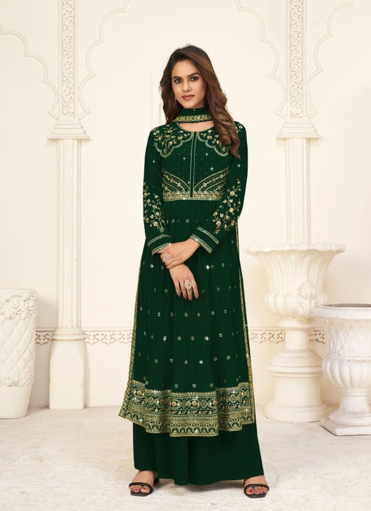 Green Georgette Palazzo Suit With Embroidery Work