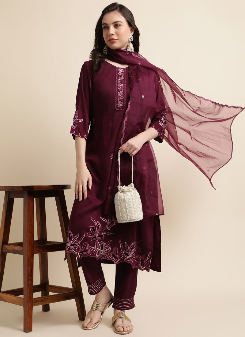 Purple Silk Pant Style Salwar Suit