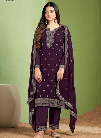 Purple Georgette Pant Style Salwar Suit With Embroidery Work