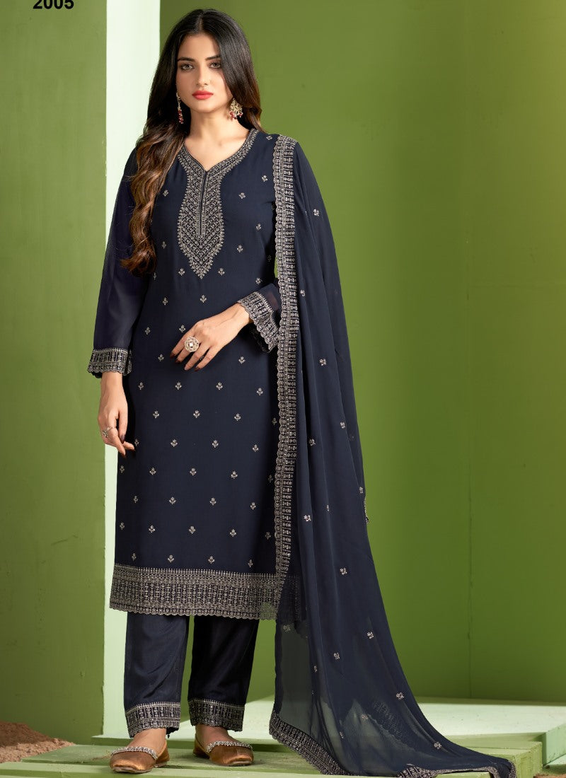 Blue Georgette Pant Style Salwar Suit With Embroidery Work