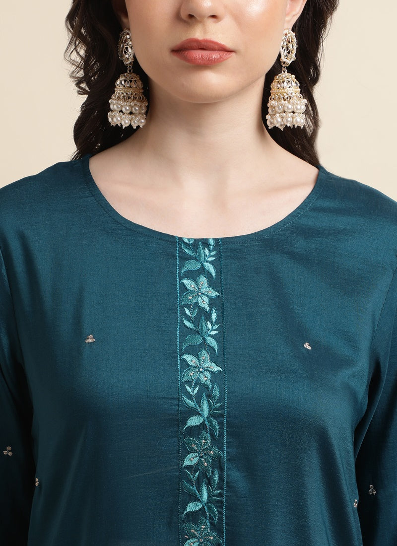 Teal Blue Silk Pant Style Salwar Suit-2