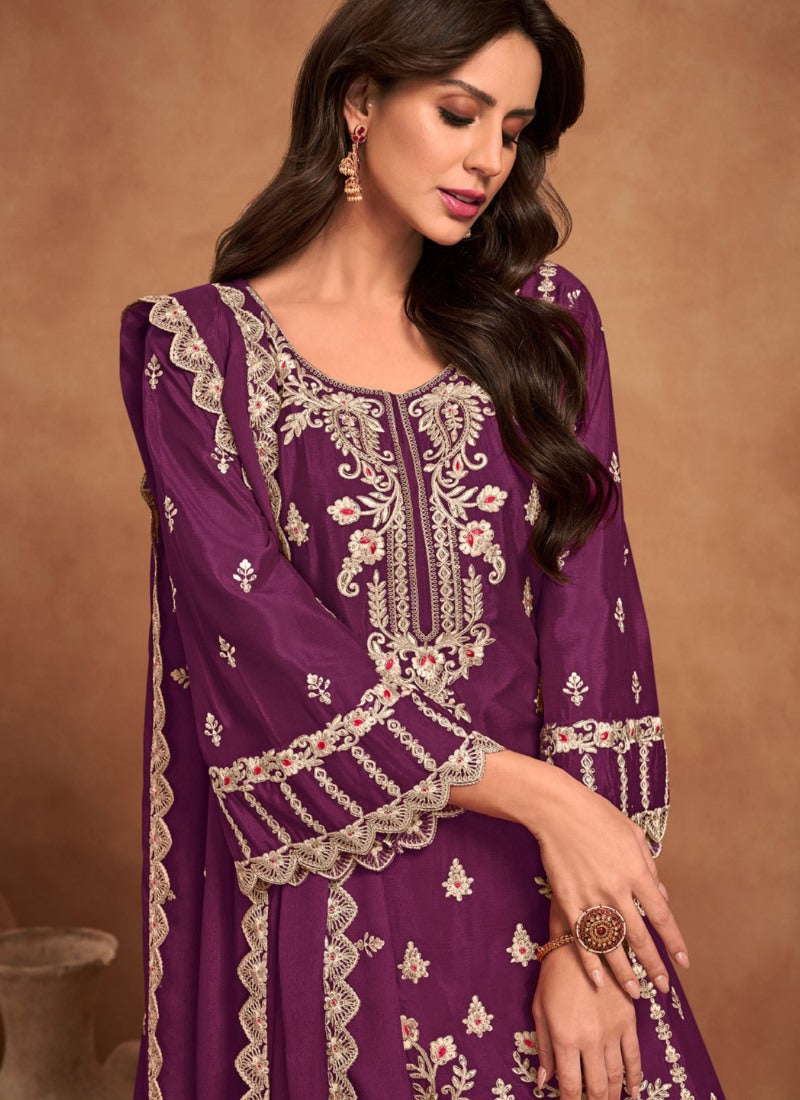 Purple Wide Palazzo Salwar Kameez Suit With Heavy Embroidery Work