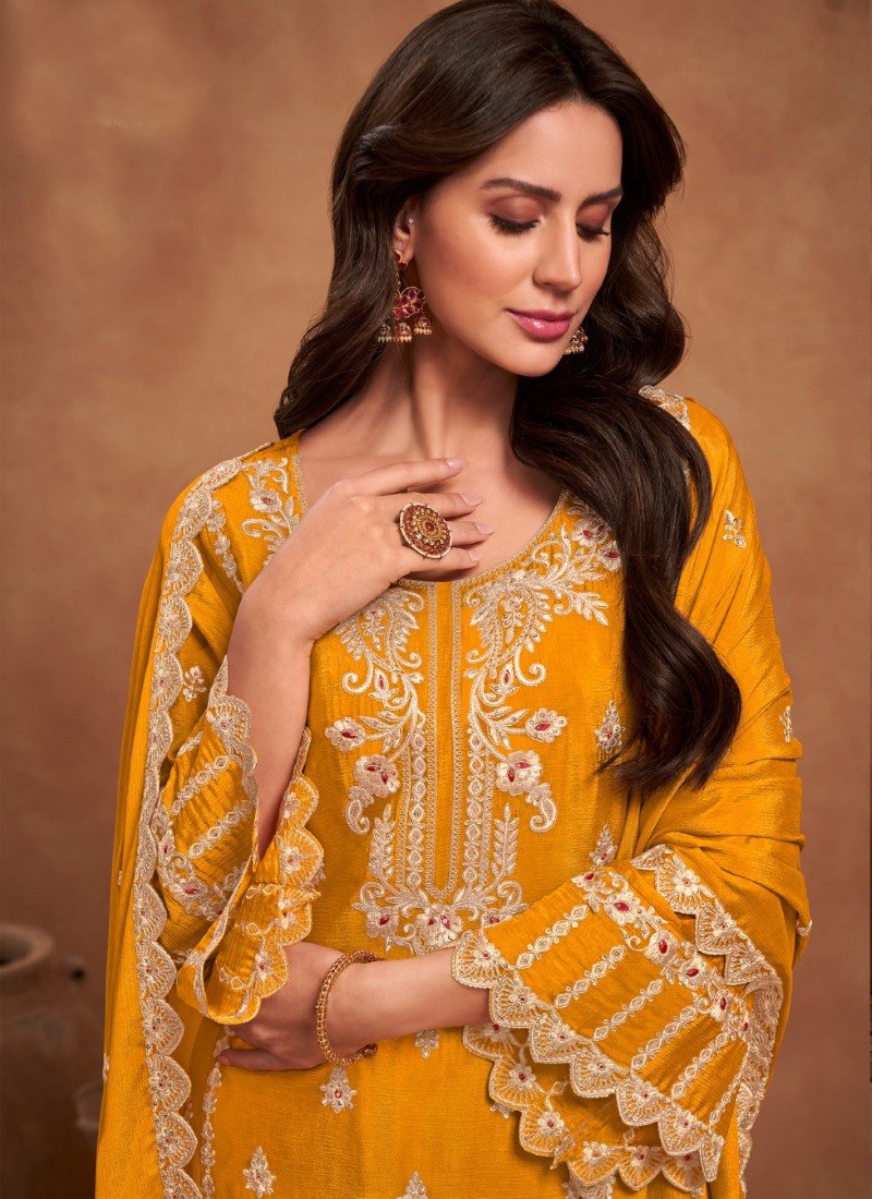 Yellow Wide Palazzo Salwar Kameez Suit With Heavy Embroidery Work