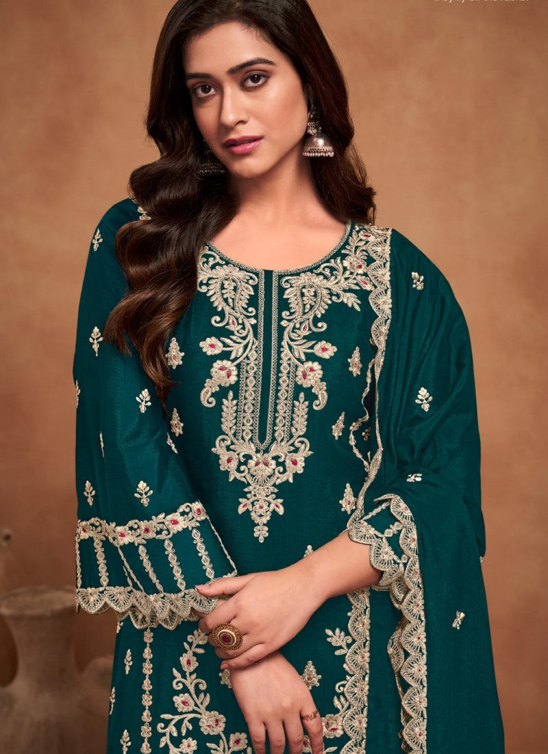 Green Wide Palazzo Salwar Kameez Suit With Heavy Embroidery Work