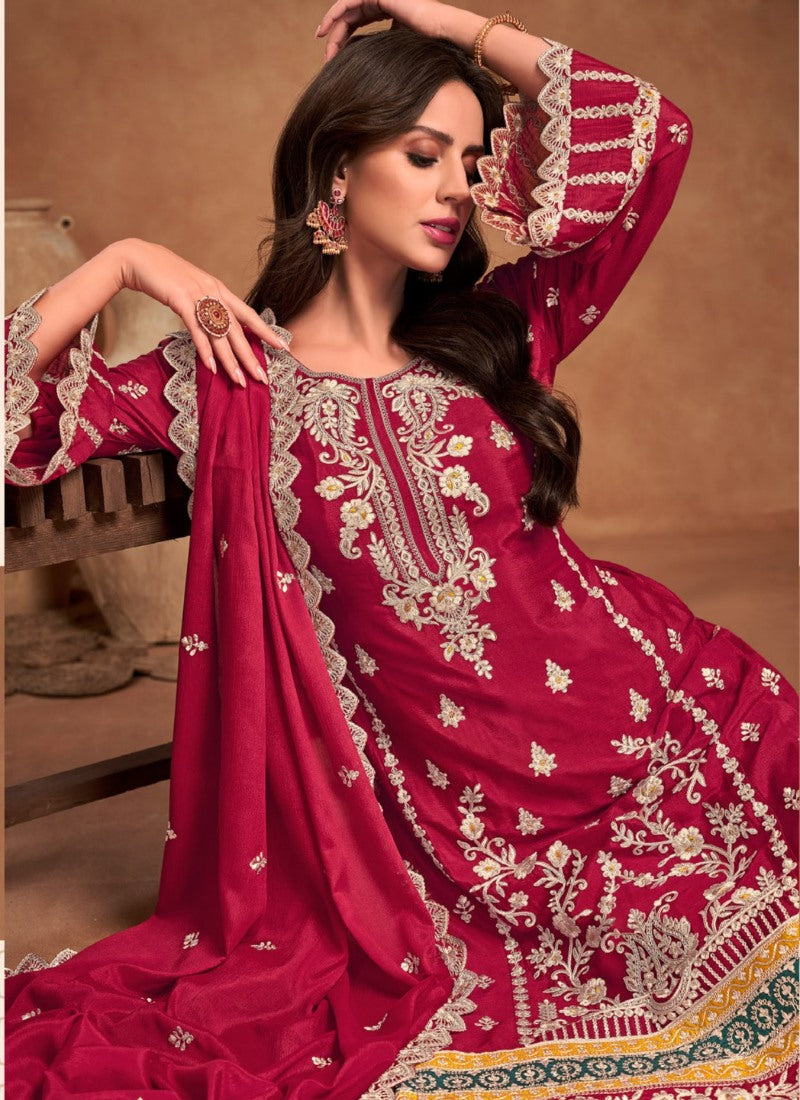 Red Wide Palazzo Salwar Kameez Suit With Heavy Embroidery Work