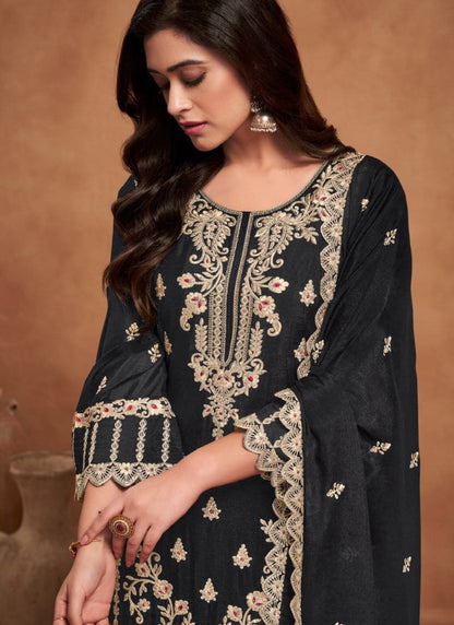 Black Wide Palazzo Salwar Kameez Suit With Heavy Embroidery Work