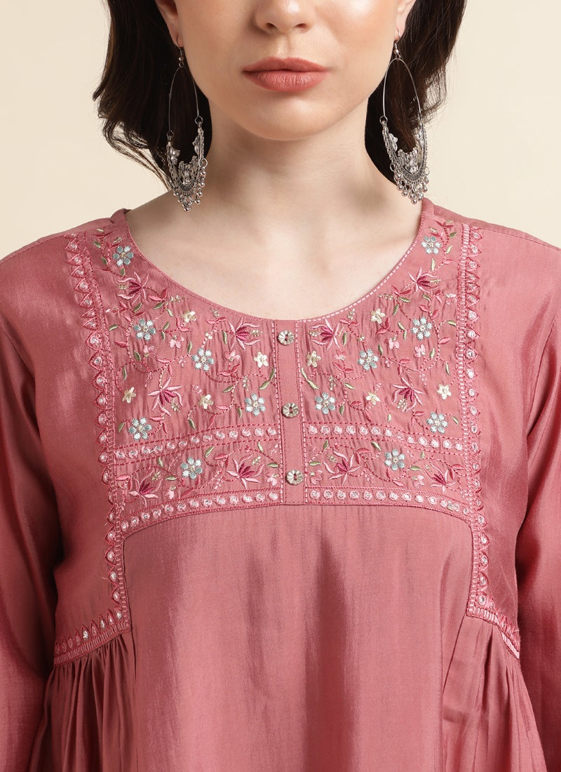 Maroon Chinon Short Embroidered Kurti-2