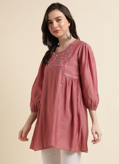 Maroon Chinon Short Embroidered Kurti