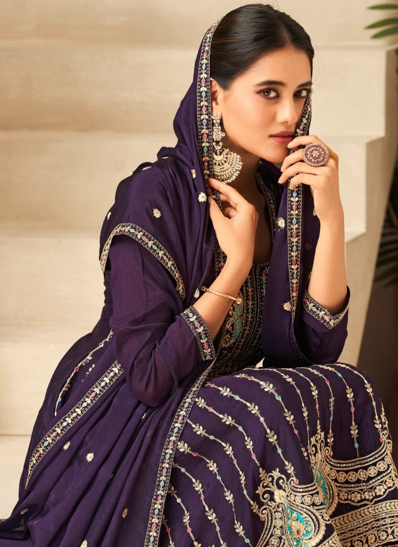 Purple Palazzo Salwar Suit With Heavy Embroidery Work