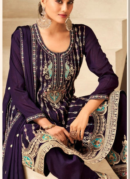 Purple Palazzo Salwar Suit With Heavy Embroidery Work