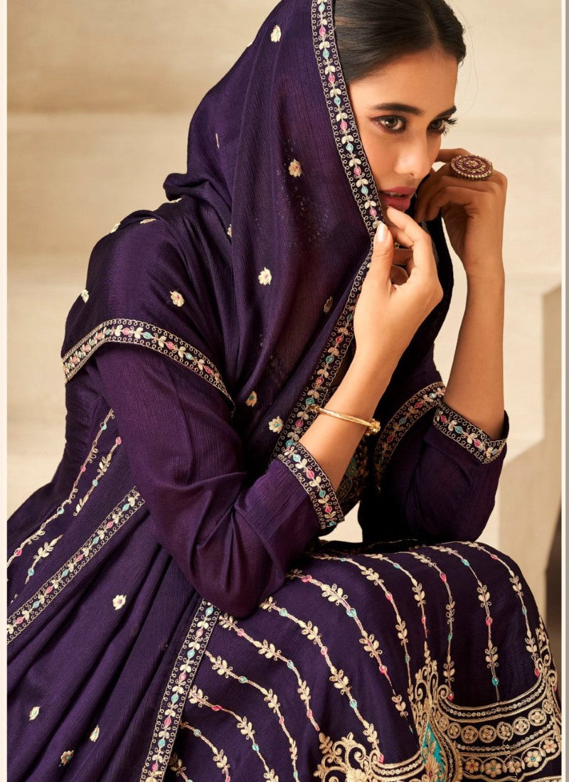 Purple Palazzo Salwar Suit With Heavy Embroidery Work