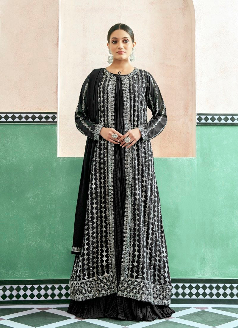 Black Georgette Anarkali with Embroidered Jacket