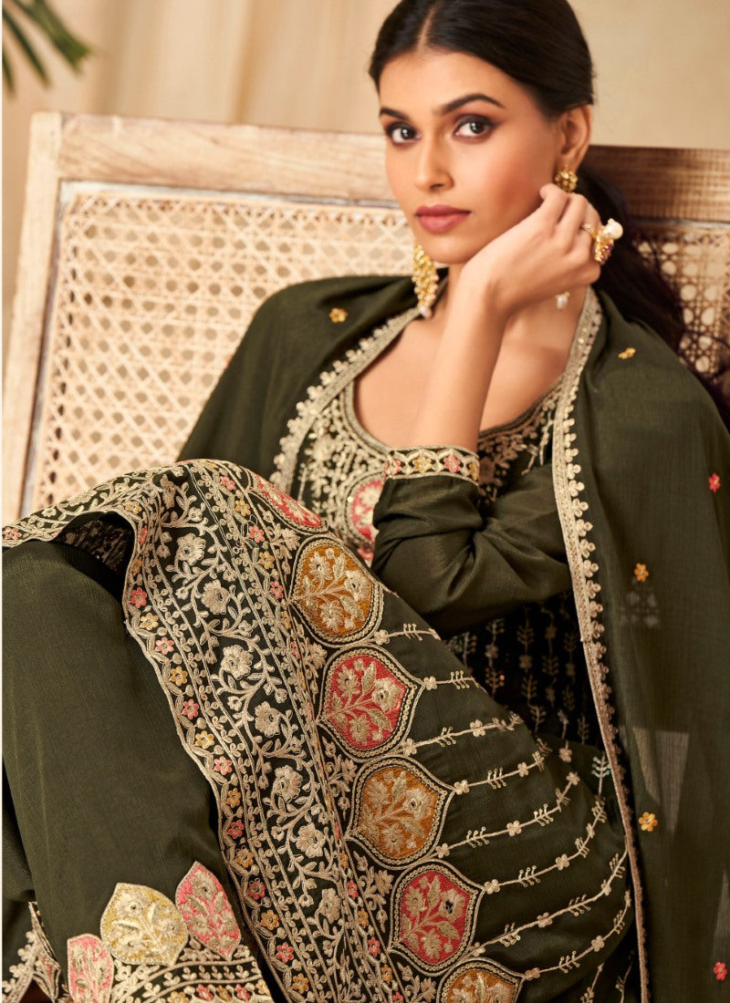 Olive Green Palazzo Salwar Suit With Heavy Embroidery Work