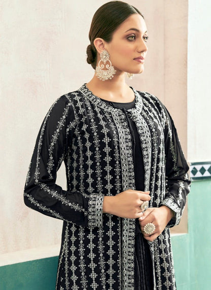 Black Georgette Anarkali with Embroidered Jacket-2