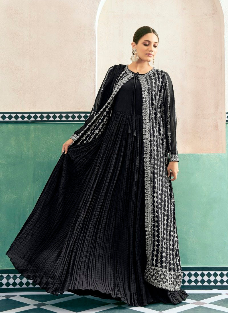 Black Georgette Anarkali with Embroidered Jacket-2