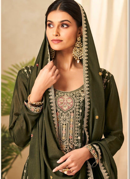 Olive Green Palazzo Salwar Suit With Heavy Embroidery Work