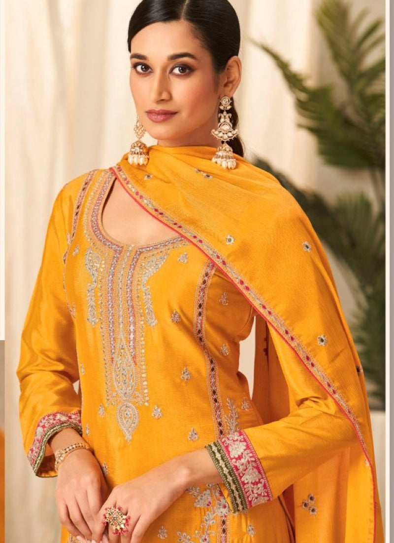 Yellow Palazzo Salwar Suit With Heavy Embroidery Work