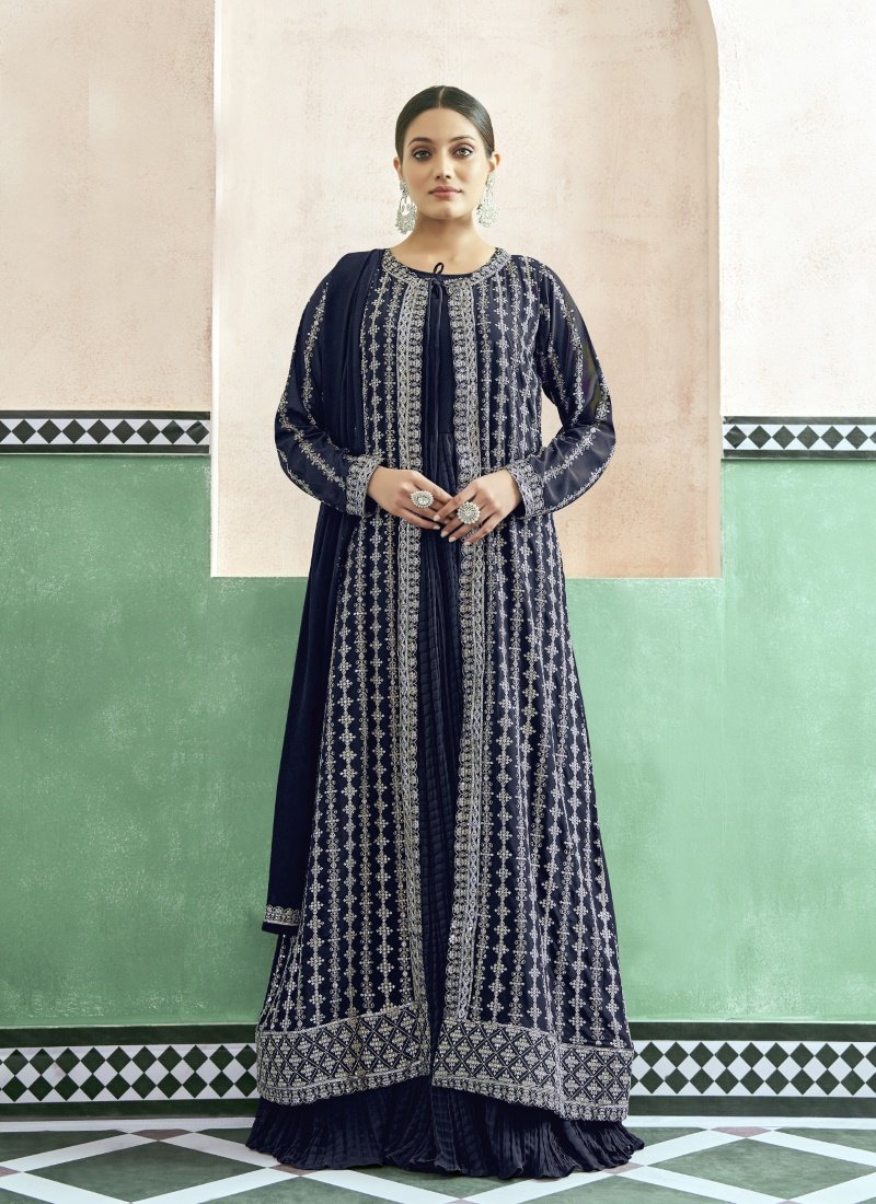 Blue Georgette Anarkali with Embroidered Jacket