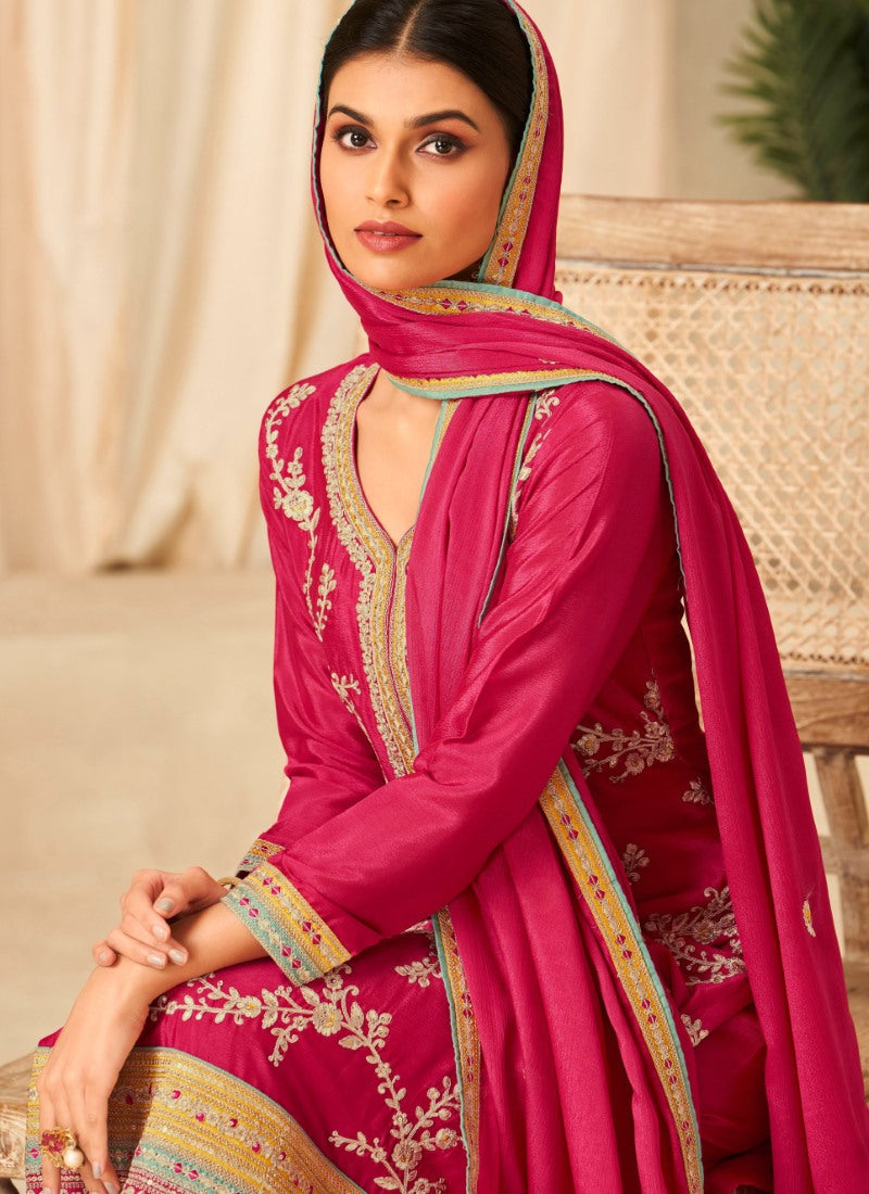 Magenta Palazzo Salwar Suit With Heavy Embroidery Work