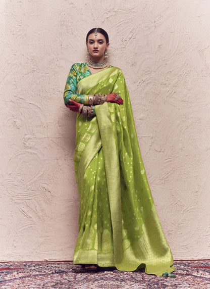 Pista Green Pure Silk Saree With Embroidery Work